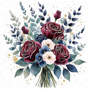Clipart de aquarela de buquê de flores silvestres Borgonha e azul-marinho - 10 JPGs - Convite de casamento - Buquê elegante para decoração de outono e inverno