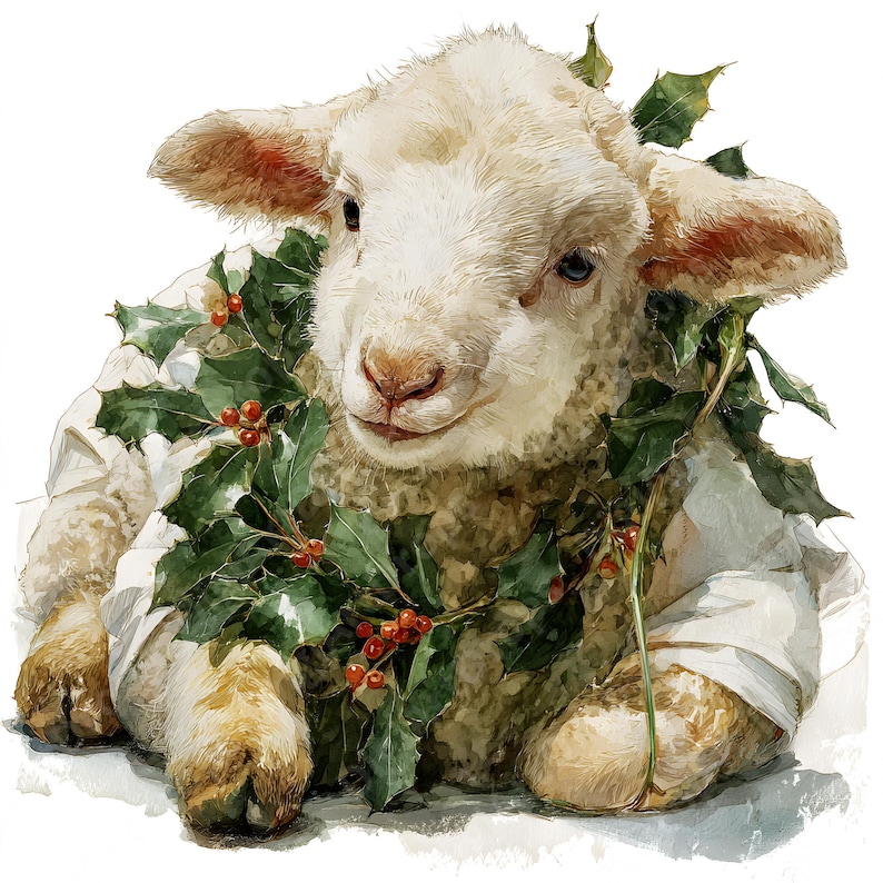 Christmas Lamb Watercolor Clipart – Holly Garland Sheep, Holiday Printable, Nursery Decor, Instant Download JPG Set image 1
