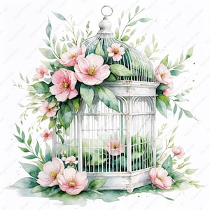 Conjunto de convites de casamento em aquarela Download digital 10 JPGs – Gaiola de pássaros vintage com flores silvestres rosa para convites românticos
