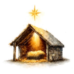 May include: Watercolour illustration of a nativity scene. A rustic stable with a thatched roof and stone walls is illuminated by a golden light. A bright gold star shines above the stable, creating a peaceful, religious theme.