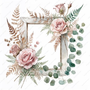 Bundle de cliparts cadre fleurs sauvages, Floral rustique, Eucalyptus pastel aquarelle & Rose séchée, 10 JPG pour téléchargement numérique