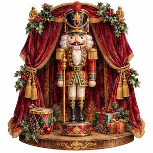 May include: A nutcracker figure stands on a circular base in front of red velvet curtains with gold tassels and holly accents. The figure wears a black and red uniform with gold epaulets, holding a gold staff, flanked by a drum and gift boxes.