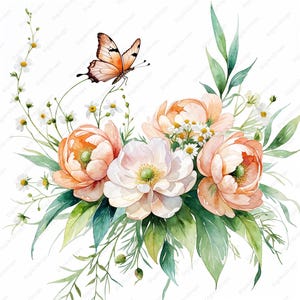 Aquarelle papillon et fleur Clipart 10 JPG, guirlande de pivoines élégantes, téléchargement numérique, décoration fantaisiste, faire-part de mariage