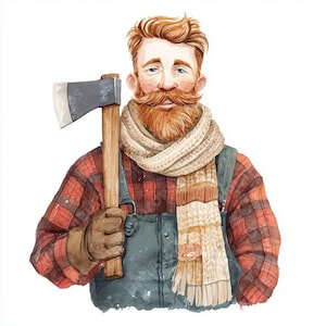 May include: Watercolor illustration of a lumberjack with red hair, a mustache, and a beard, wearing a red and black plaid shirt, overalls, and a cream-colored scarf. He holds an axe with a wooden handle and a gray head.