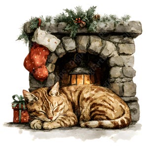 May include: A watercolour illustration depicts a tabby cat asleep before a stone fireplace decorated for Christmas. A red stocking hangs above the fireplace, and a wrapped gift sits nearby. The scene evokes warmth and festive cheer.