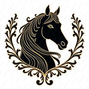 Clipart cheval vintage téléchargeable, Nouveau équestre, tête de cheval noir et or, usage commercial, créations en papier, scrapbooking, journal indésirable