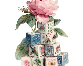 May include: Watercolor illustration of a pink rose with green leaves and buds. A stack of small, square blocks with floral and bird designs and Chinese characters are beneath the rose.