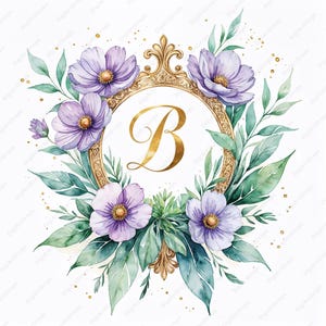 水彩ウェディング クレスト クリップアート 10 JPG - 招待状用の気まぐれな花柄デザイン、ボヘミアン モーブ & セージ グリーンの要素