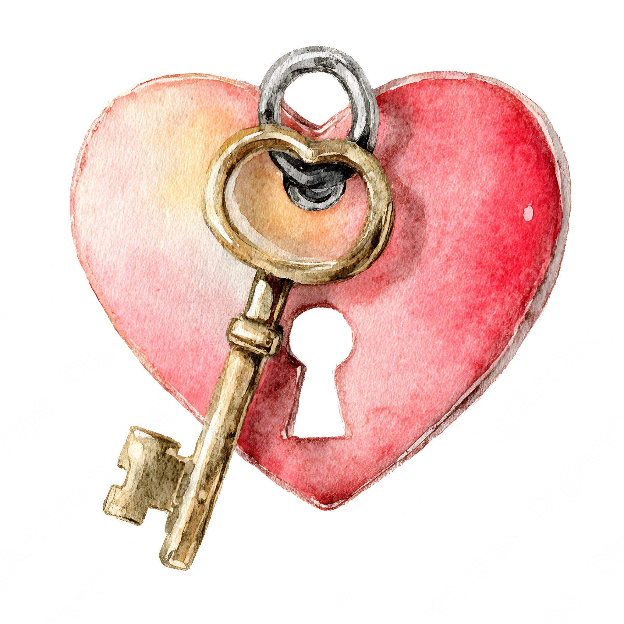 Watercolor Heart Lock & Key Clipart – Red and Gold (digital Download ...