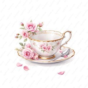 シャビーシックなクリップアート、水彩ティーカップ、ピンクのバラの花、ティーパーティーの印刷物、商用利用、ペーパークラフト、スクラップブッキング、ジャンクジャーナル