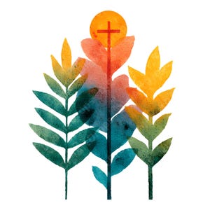 May include: Watercolor illustration featuring a cross atop a sun-like shape, with colorful leaf-like elements in shades of teal, orange, and yellow. The design has a soft, artistic feel, suitable for religious or spiritual themes.