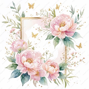 Invitación de boda con diseño floral en acuarela, paquete de 10 archivos JPG, paquete de imágenes prediseñadas en rosa ruborizado, romántico dije de mariposa para novias