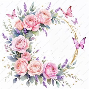 Clipart couronne de papillons floraux roses aquarelle-10 JPGs-élégant téléchargement d'art numérique pour les travaux manuels