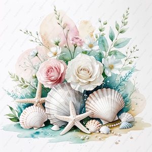 Küsten Hochzeit Aquarell Clipart, Muscheln & Seesterne, Strand Dekor, Kommerzielle Nutzung, Papierhandwerk, Scrapbooking, Junk Journal