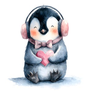 Puede incluir: Ilustración en acuarela de un lindo pingüino con orejeras rosas y una pajarita rosa, sosteniendo un corazón rosa. El pingüino tiene mejillas rosadas y está sentado. Diseño caprichoso.