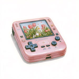 Puede incluir: Una consola de juegos portátil rosa con una pantalla que muestra una escena de jardín con tulipanes y un conejo. Cuenta con un panel direccional, botones A y B y otros controles. El texto "DOOAL" es visible en la parte superior.