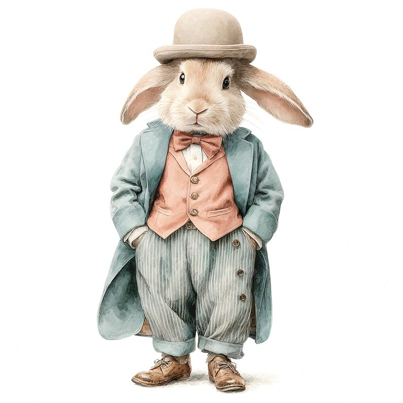 Dapper Rabbit Illustration Vintage Bunny Clipart, Watercolor Dapper Rabbit Illustration (digital ...