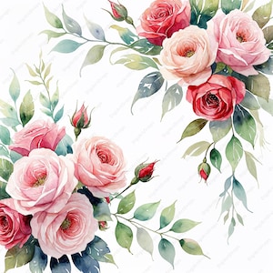 Prodotto digitale per inviti di nozze - Elegante ghirlanda di rose acquerellate Clipart - 10 JPG - Design floreale romantico
