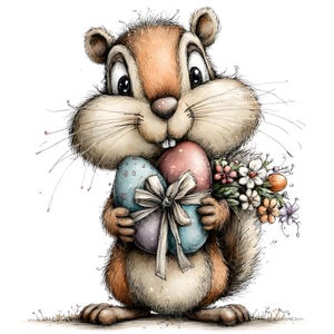 Può includere: Un'illustrazione ad acquerello di un simpatico scoiattolo che tiene tre uova di Pasqua decorate legate con un fiocco. Lo scoiattolo ha la pelliccia marrone e tiene in mano un mazzo di fiori. Lo sfondo è bianco.