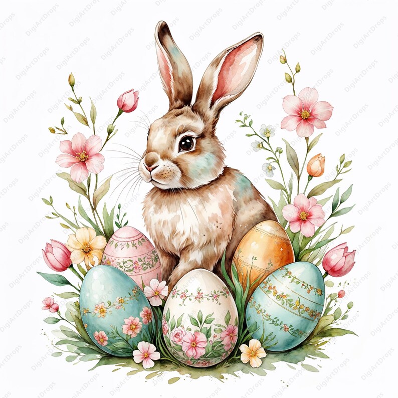 Vintage Easter Bunny Clipart: Retro Floral Eggs Bundle (digital ...