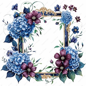 Burgundy Floral Gold Navy Blue Rustic Wedding Invitation 10 JPGs - Watercolor Clipart for Elegant Floral Frames