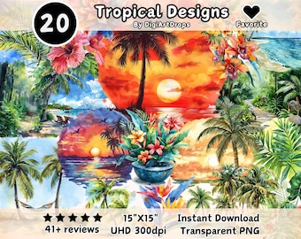 Tropical Clipart Bundle: Palm Tree, Hibiscus Flower PNG (Commercial Use)