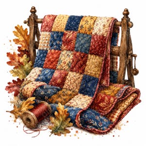 May include: A patchwork quilt featuring a grid of squares in navy blue, mustard yellow, and deep red with floral and leaf patterns, draped over a wooden rack with a spool of red thread and scattered autumn oak leaves at the base.