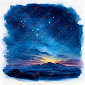 Può includere: Dipinto ad acquerello di un cielo notturno con un'estensione stellata di tonalità blu e viola. L'opera raffigura una catena montuosa in primo piano, con un gradiente di colori dall'arancione al viola. Il testo "DigiArtDrops" è visibile.