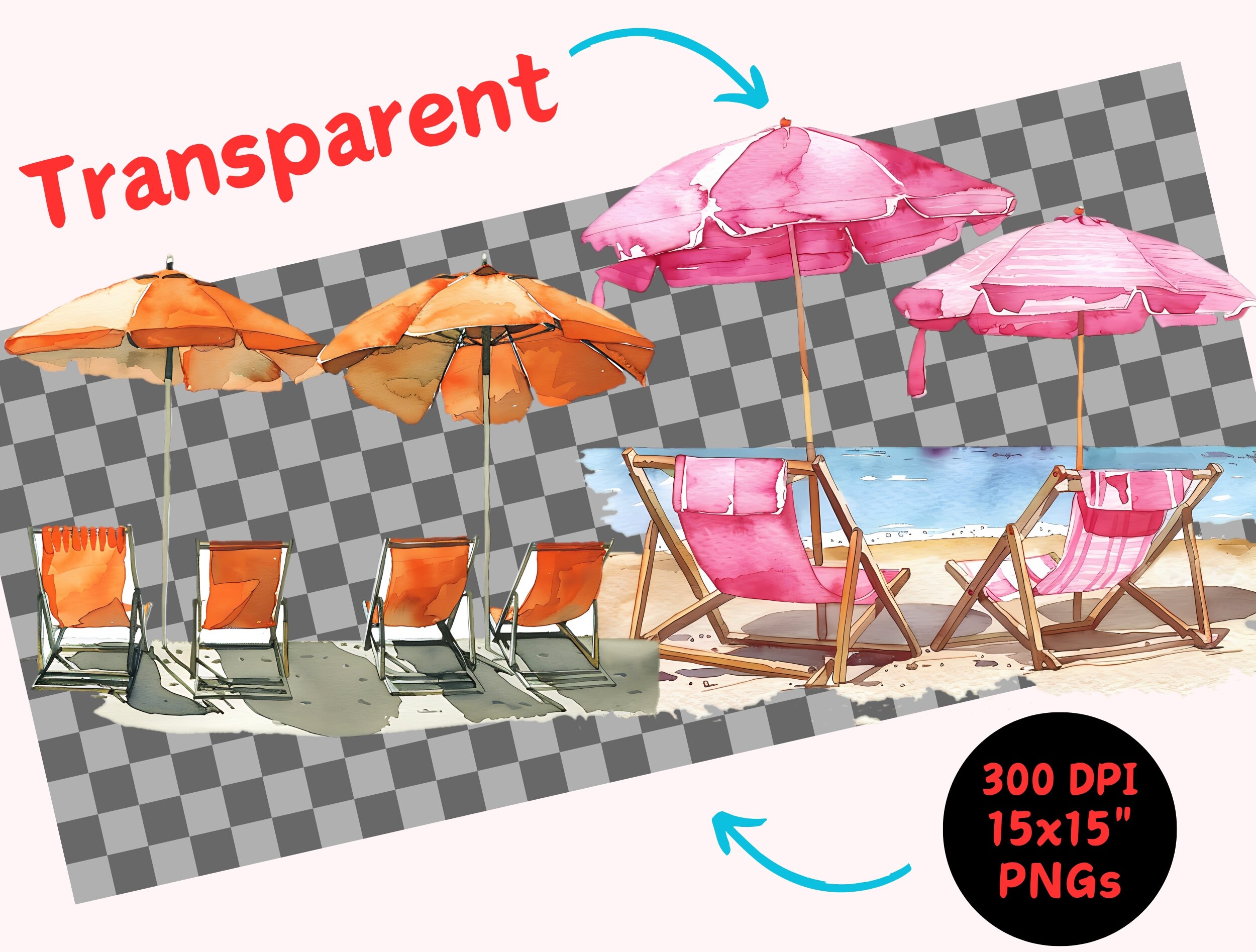 Watercolor Summer Umbrellas & Chairs Clipart: Beach Designs (digital ...