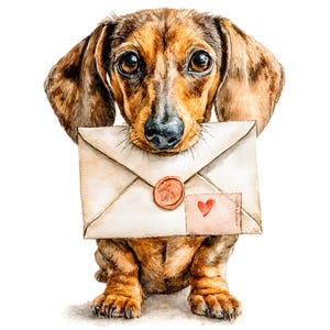 Pode incluir: Ilustração em aquarela de um cão dachshund segurando um envelope creme selado com cera vermelha e um pequeno papel com um coração vermelho. O cão tem pelo marrom e castanho e olhos grandes e expressivos.