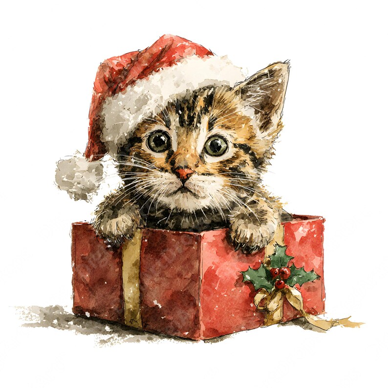 Christmas Clipartten Clipart: Watercolor Cat in Gift Box (digital ...