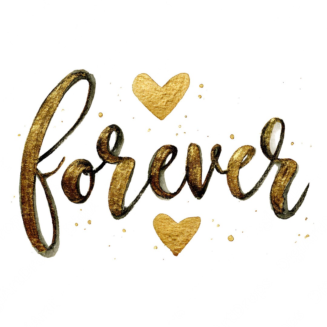 Gold Script Word Art Set: Watercolor 'forever' Typography JPG, White ...