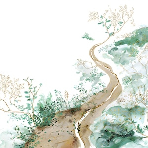 May include: A watercolour illustration depicting a winding path through a forest. The artwork uses a palette of greens, browns, and gold accents. The path is light brown, and the trees and foliage are a mix of green and gold.