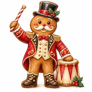 May include: A gingerbread cookie character dressed as a ringmaster in a red tailcoat with gold trim, a black top hat with holly, and a white mustache. The figure holds a red and white striped baton and stands next to a red and white drum.