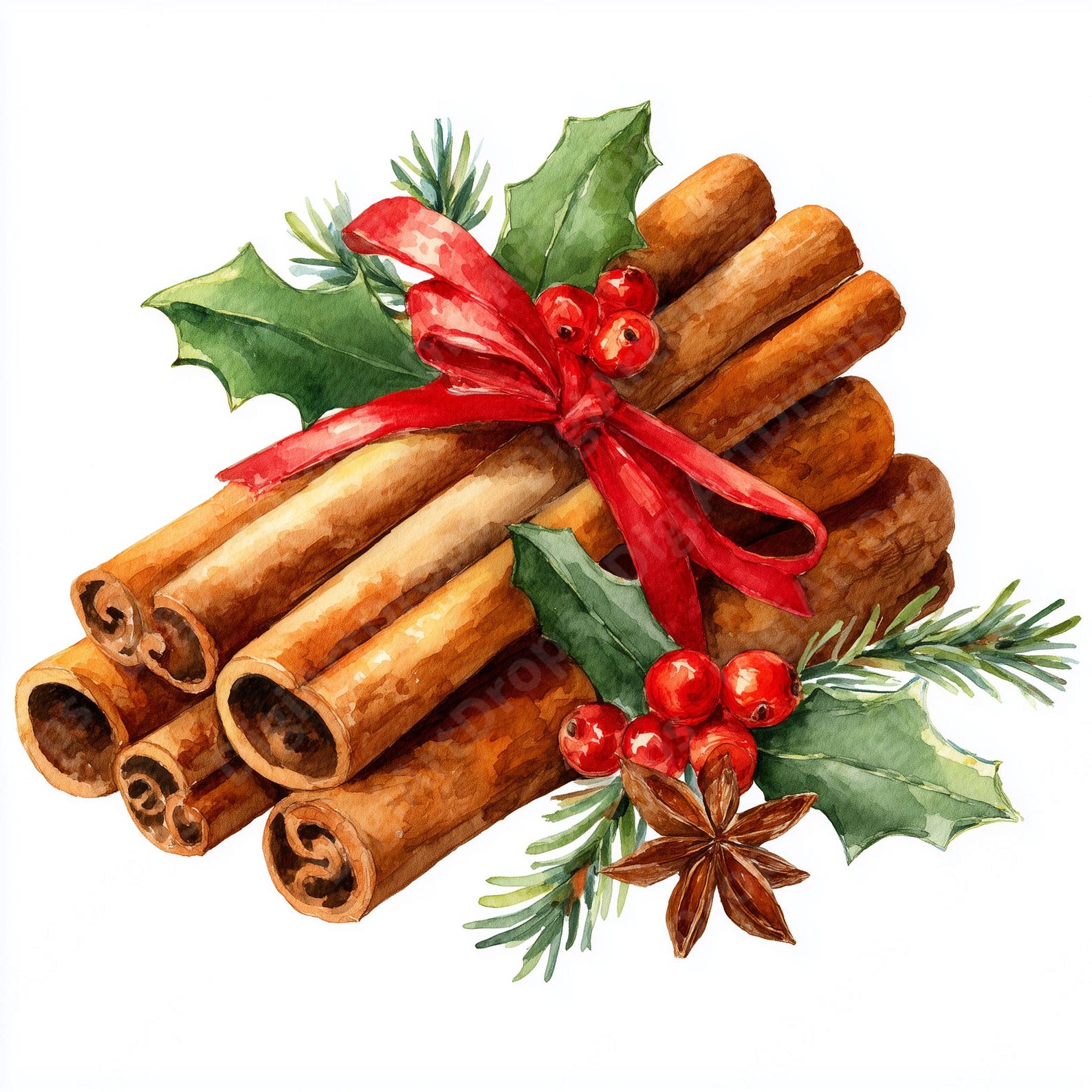 Spises Ribbon Cinnamon Sticks Clipart: Christmas Watercolor Spices With Holly ...