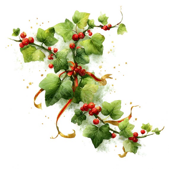 Aquarell Weihnachten Efeu Clipart: Beeren & Gold Schleife (digitaler  Download)
