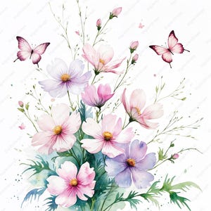 Bundel met bruid en bloemen aquarel clipart 10 JPG's - elegante bruiloftsontwerpen met zachtroze bloemen en vlinderaccenten