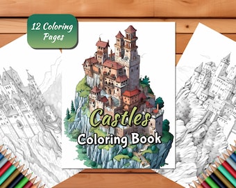 Castillos de cuento de hadas para colorear para adultos y niños Libro para colorear de fantasía mística de castillo de 12 hojas Libro para colorear de arte imprimible Pdf Digital