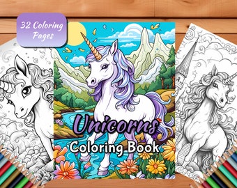 Unicorn kleurplaten voor volwassenen en kinderen 32 pagina Unicorn kleurboek eenhoorns mystieke paarden digitale download afdrukbare kleur in pdf