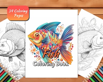 Páginas para colorear de peces para adultos y niños 34 hojas Libro para colorear de peces Océano Acuático Descarga digital Imprimible Pdf Jardín Tema de la naturaleza