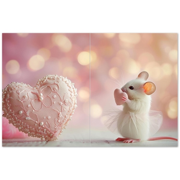 Romantic Mouse Kisses Felted Heart Card - Mouse Wearing White Tutu (US & CA)