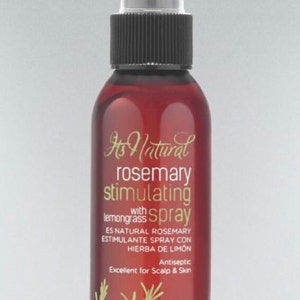 May include: A red bottle of "Its Natural" rosemary stimulating spray with lemongrass. The bottle has a black cap and a clear spray nozzle. The label includes text in English and Spanish.