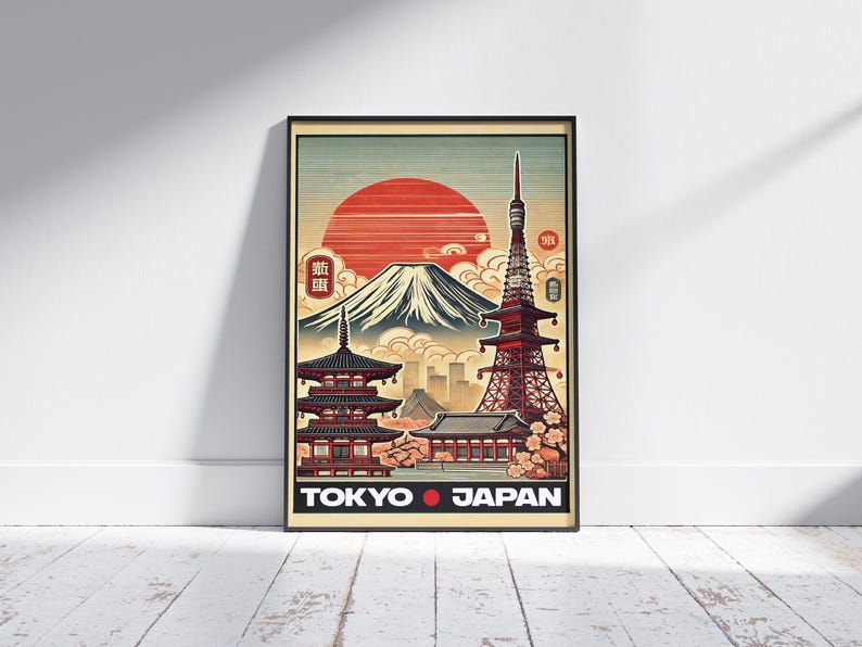 Vintage Tokyo Travel Poster Japan Wall Art With Mount Fuji, Tokyo Tower ...