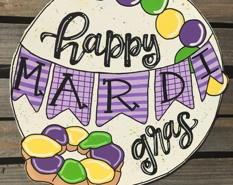 Happy Mardi Gras door hanger - Mardi Gras Kingcake door hanger - Mardi Gras round door hanger