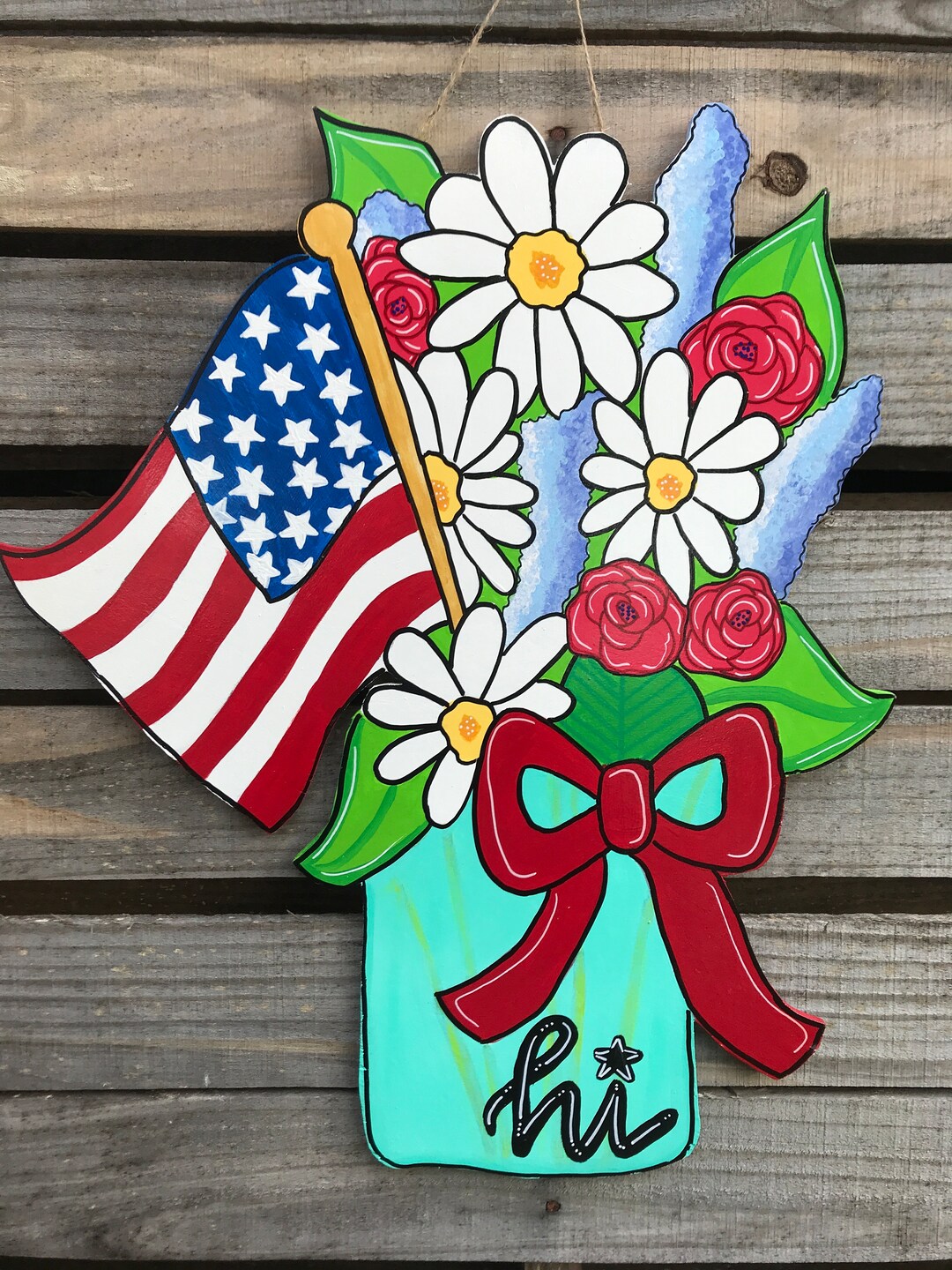 Patriotic Floral Mason Jar With Flag - Patriotic Door Hanger - American ...