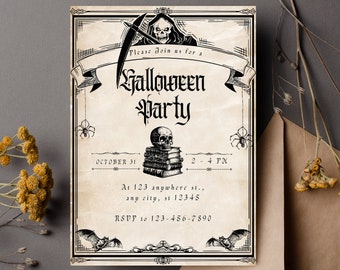 May include: Vintage-style Halloween party invitation with a skull, scythe, and spider illustrations. The invitation features the text "Please join us for a Halloween Party" and event details. The design is printed on aged paper with decorative borders.
