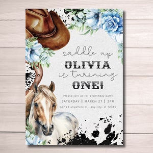 Modèle de fête d'anniversaire cheval modifiable, chapeau de cowboy, modèle de toile Invitation d'anniversaire western fleur bleue