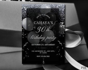 Puede incluir: Invitación a una fiesta de cumpleaños en blanco y negro con purpurina plateada y globos. La invitación dice "Únete a nosotros para celebrar el 30 cumpleaños de Cahaya, sábado 27 de octubre, 123 Anywhere St., Any City, ST 12345, RSVP 123-456-7890".