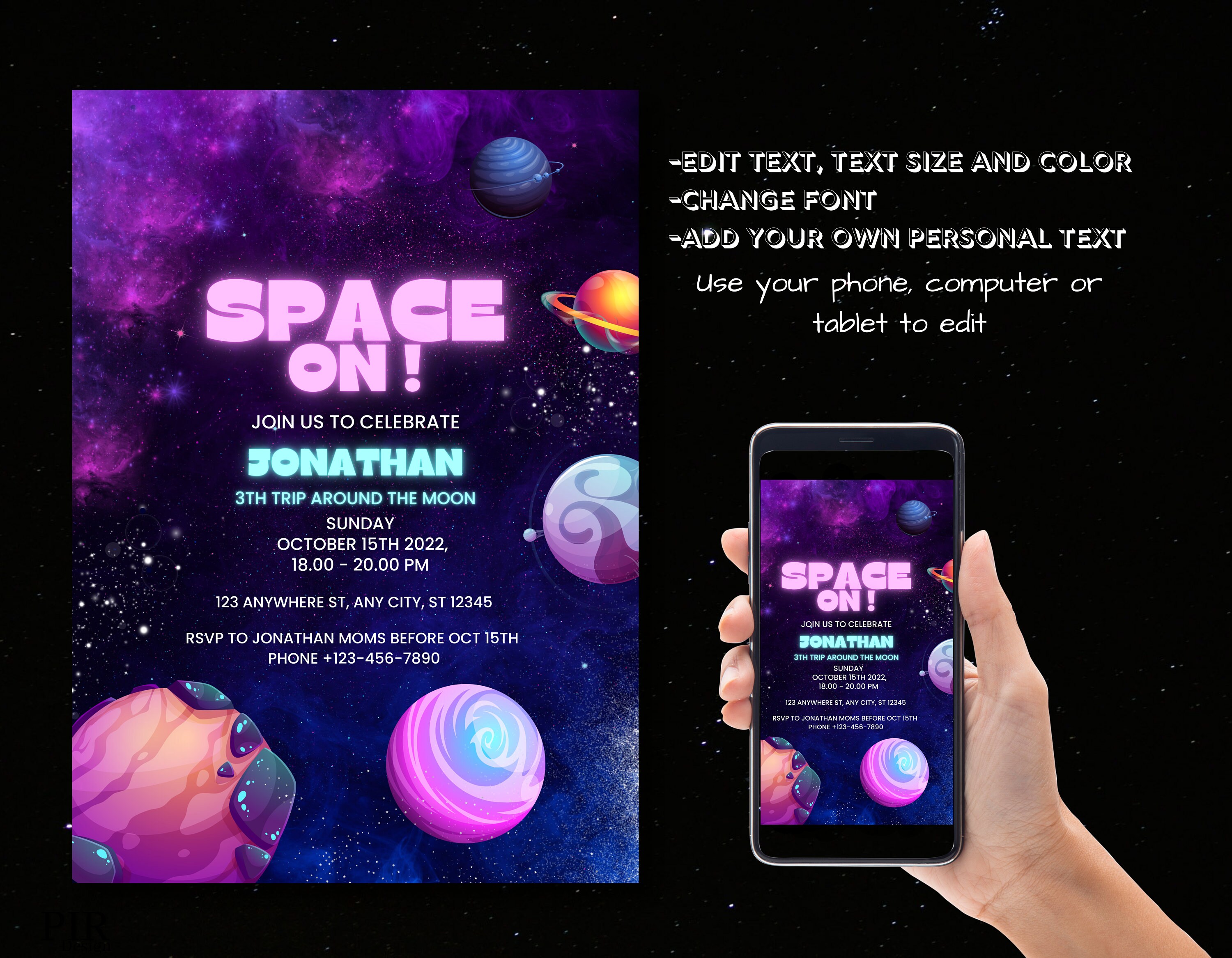 Editable Space on Birthday Invitation, Children Planet Birthday Party ...