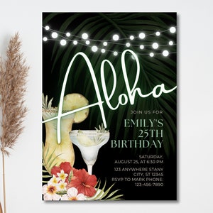 Editable Black Tropical Cocktail Birthday Party Invitation, Aloha Birthday Invite, Printable Canva Template